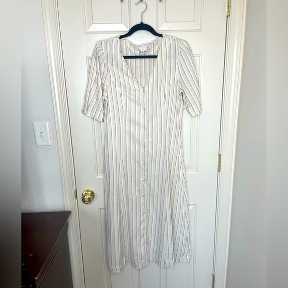 ICHI Striped Button Down Maxi Dress Linen Blend Look V-Neck Short Sleeve Neutral - Picture 1 of 15